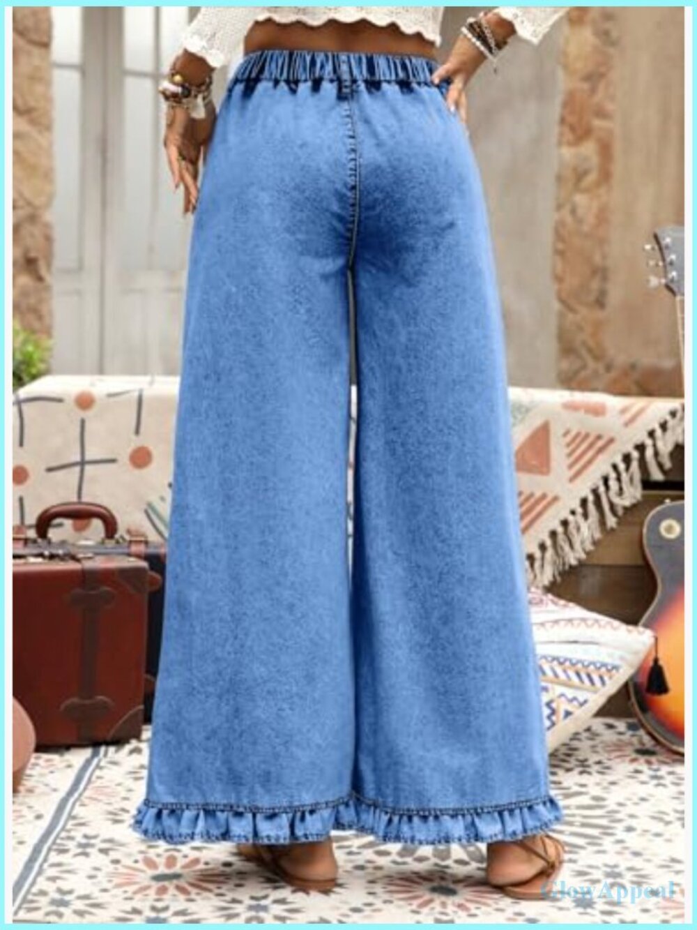 Wide Leg Stretch Denim Jeans Ruffle Hem High Waisted Baggy - Picture 3 of 7